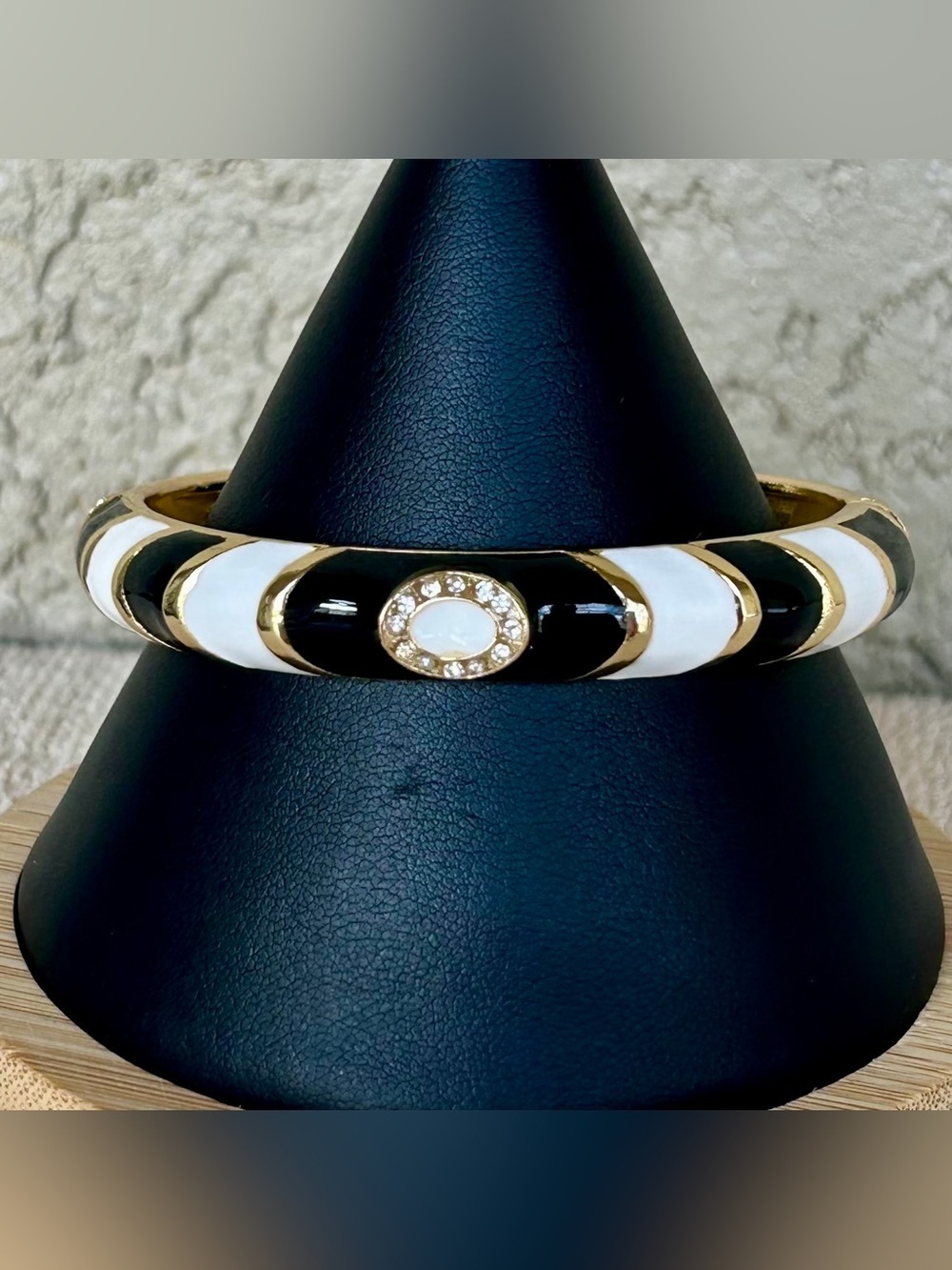 Modern Gold-Tone Black & White Enamel Bangle Bracelet with Crystal Accent